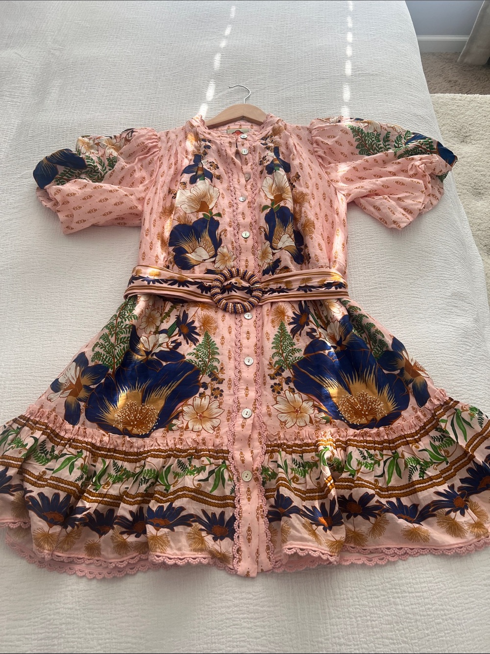 FARM Rio Peach-Pink Floral Button Front Mini Dress with Tie